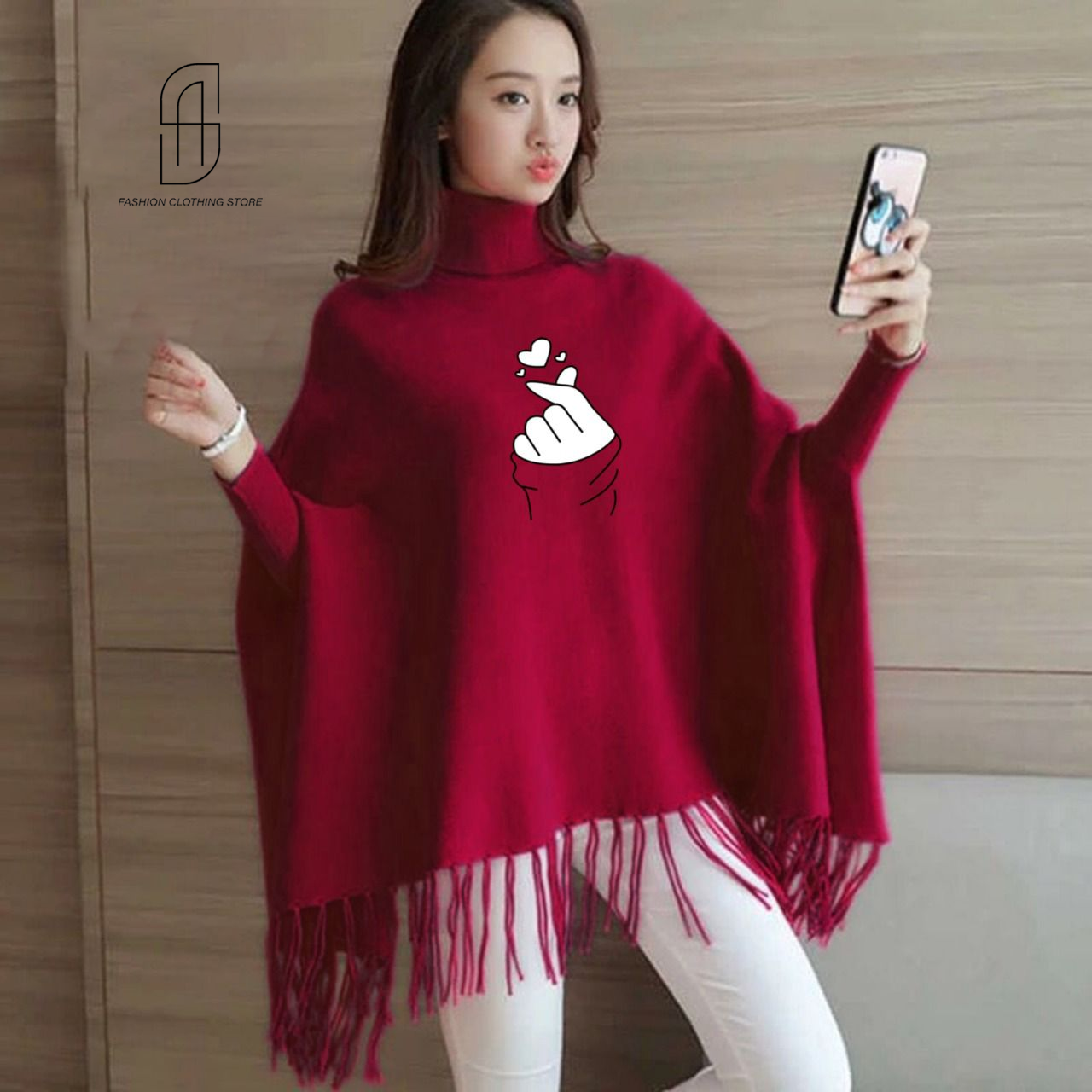 WINTER WOMENS FINGER HEART PRINTED PONCHO SWITER STYLE FOR WOMENS SOFT AND COMFORTABLE