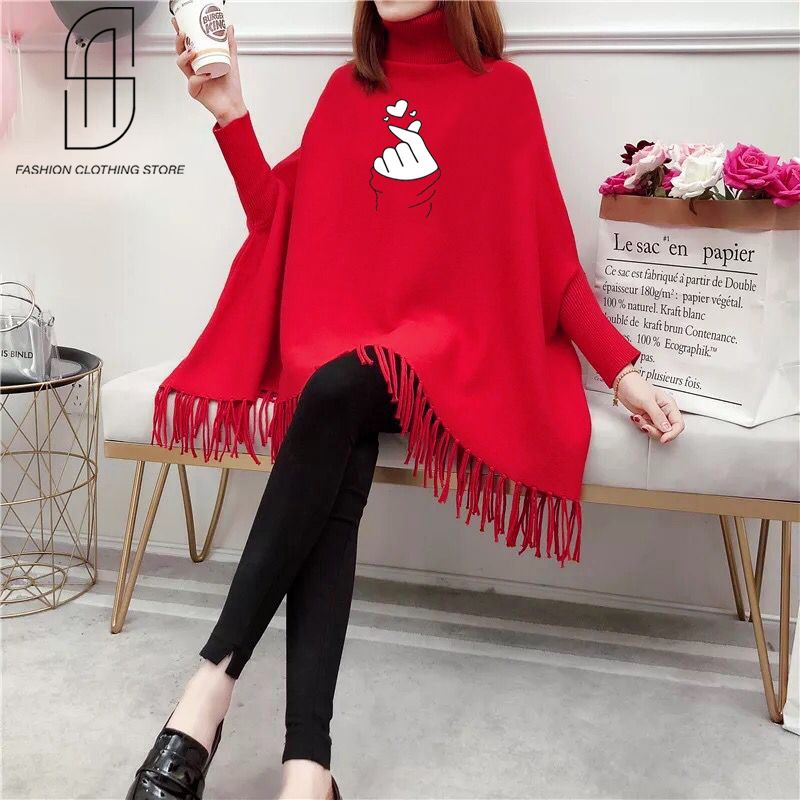 WINTER WOMENS FINGER HEART PRINTED PONCHO SWITER STYLE FOR WOMENS SOFT AND COMFORTABLE