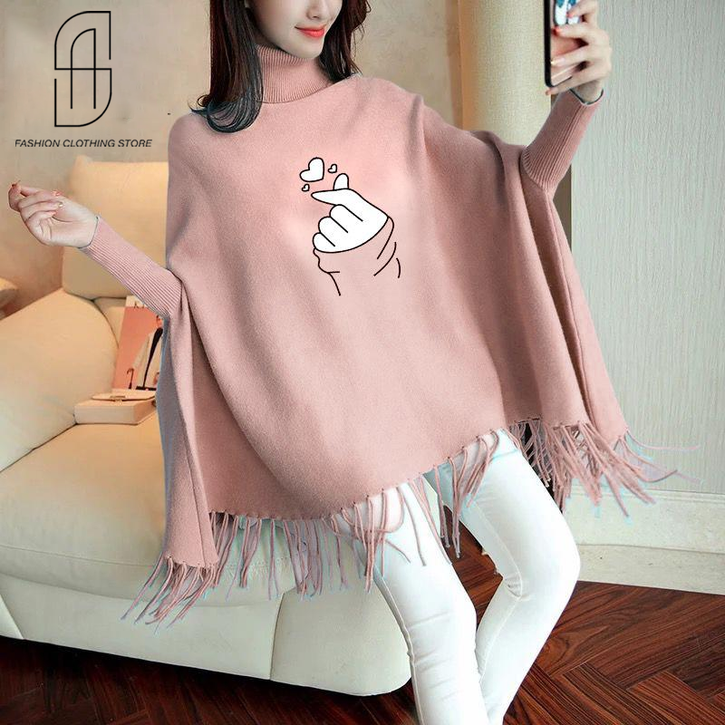 WINTER WOMENS FINGER HEART PRINTED PONCHO SWITER STYLE FOR WOMENS SOFT AND COMFORTABLE